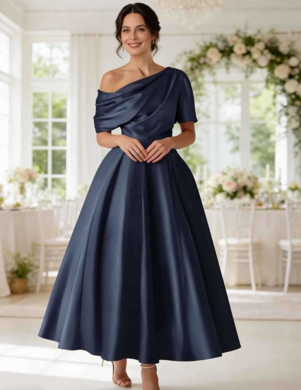 Off-Shoulder Satin A-Line Midi Dress for Women
