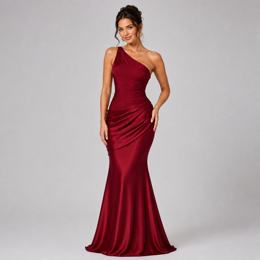 One-Shoulder Draped Waist Satin Maxi Dress for Women