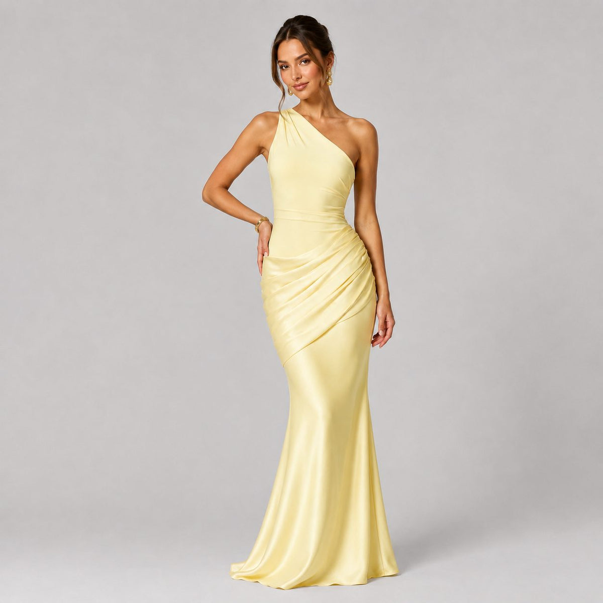 One-Shoulder Draped Waist Satin Maxi Dress for Women - Yellow