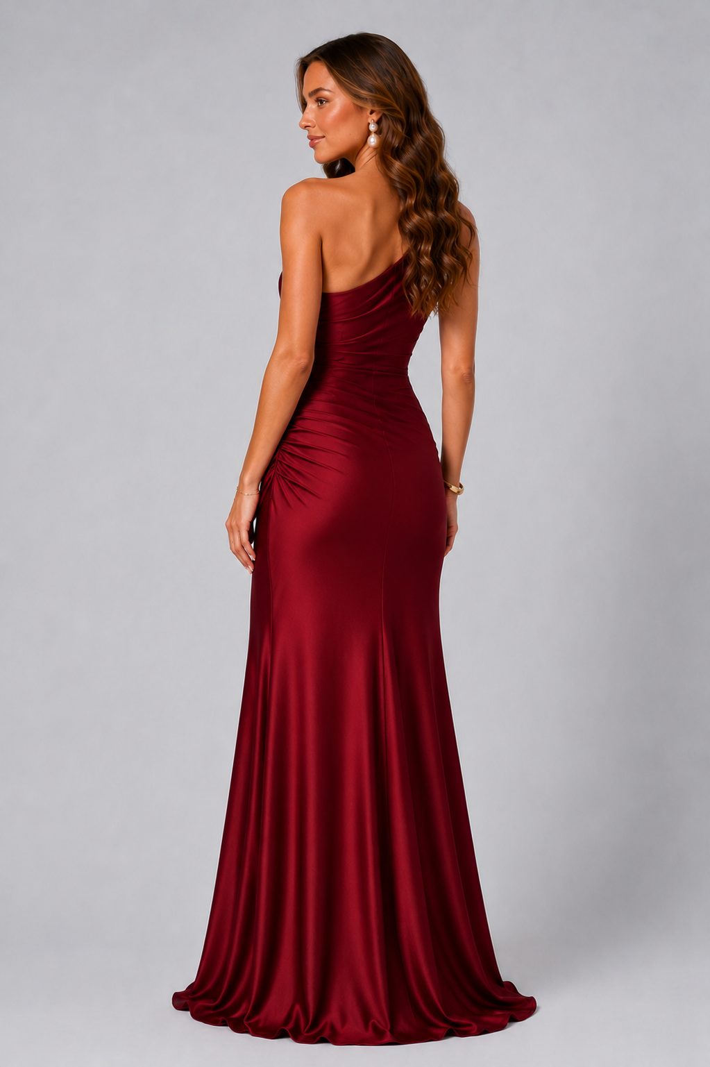 One-Shoulder Draped Waist Satin Maxi Dress for Women