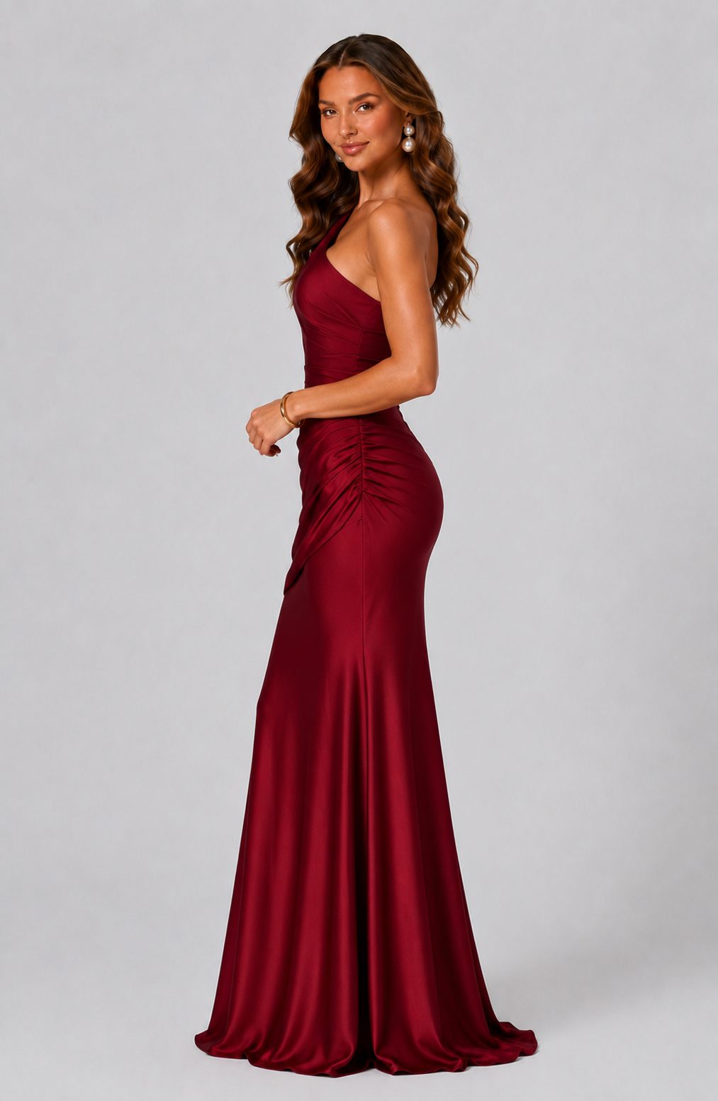 One-Shoulder Draped Waist Satin Maxi Dress for Women - View 3
