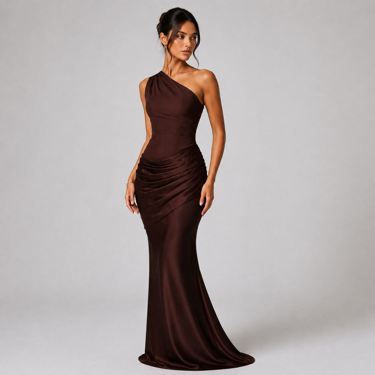 One-Shoulder Draped Waist Satin Maxi Dress for Women - Brown