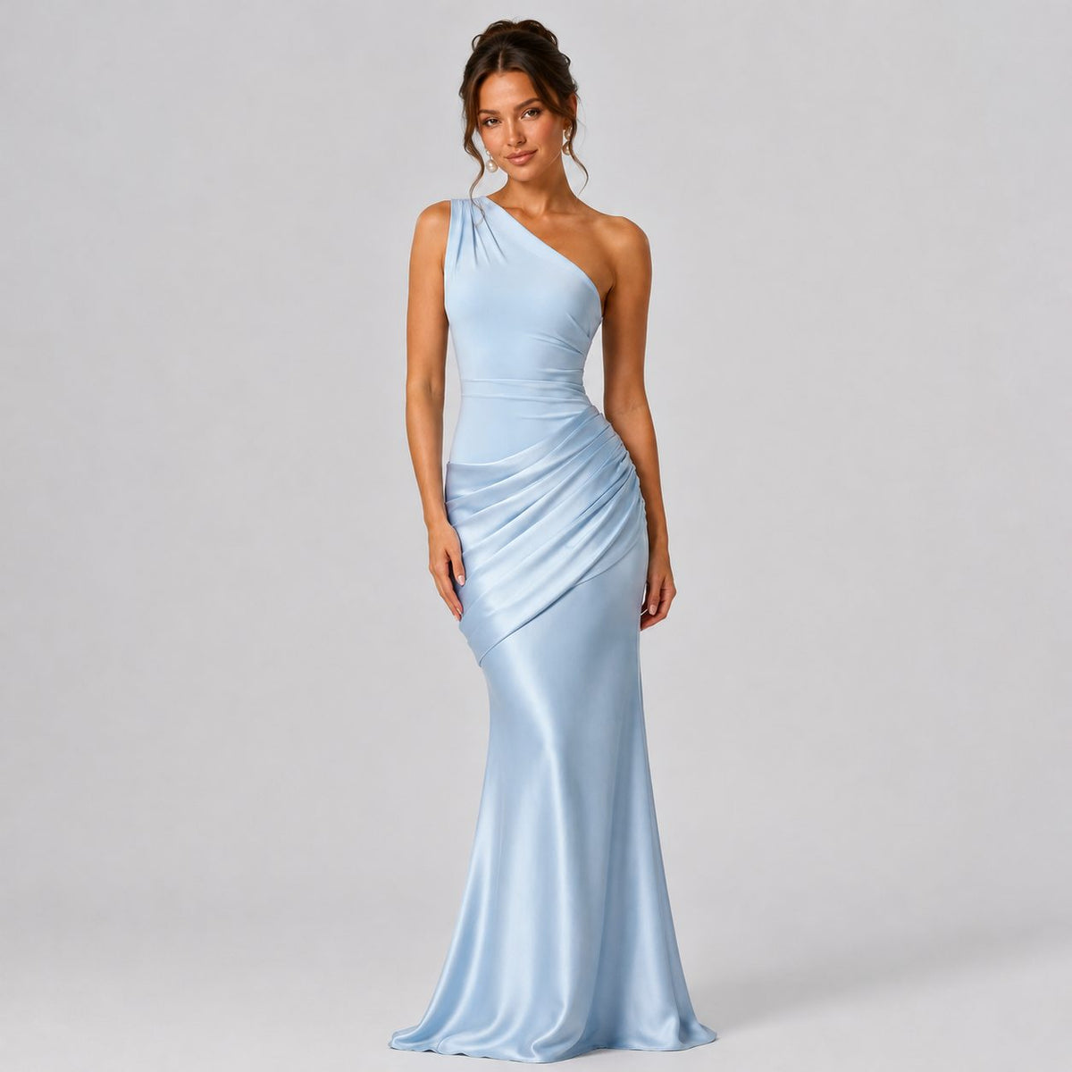 One-Shoulder Draped Waist Satin Maxi Dress for Women - Blue