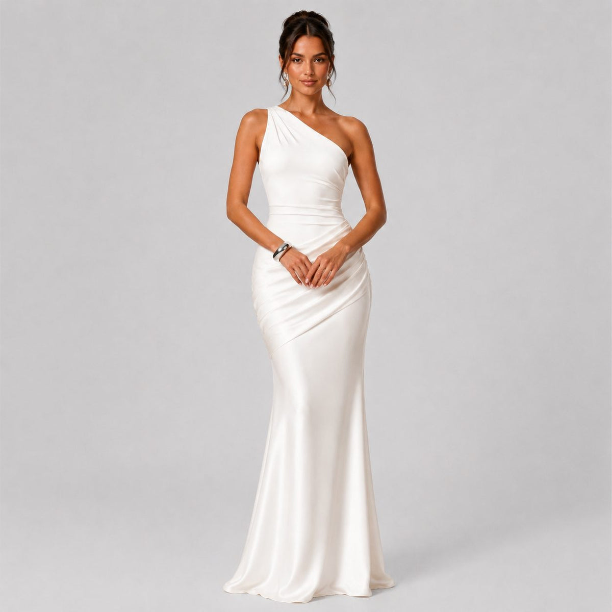 One-Shoulder Draped Waist Satin Maxi Dress for Women - White