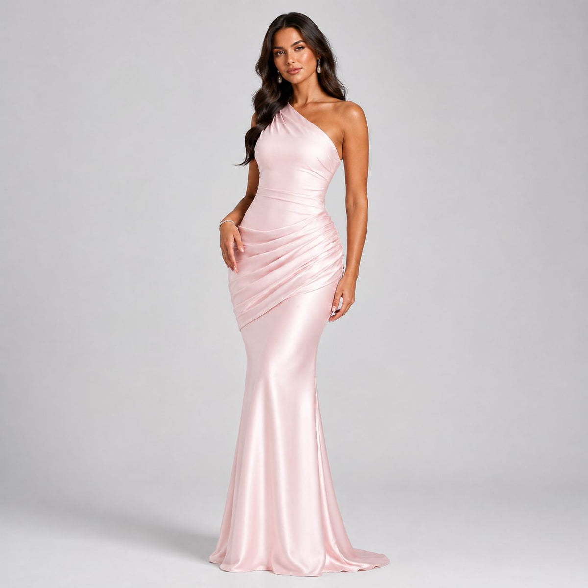 One-Shoulder Draped Waist Satin Maxi Dress for Women - Pink