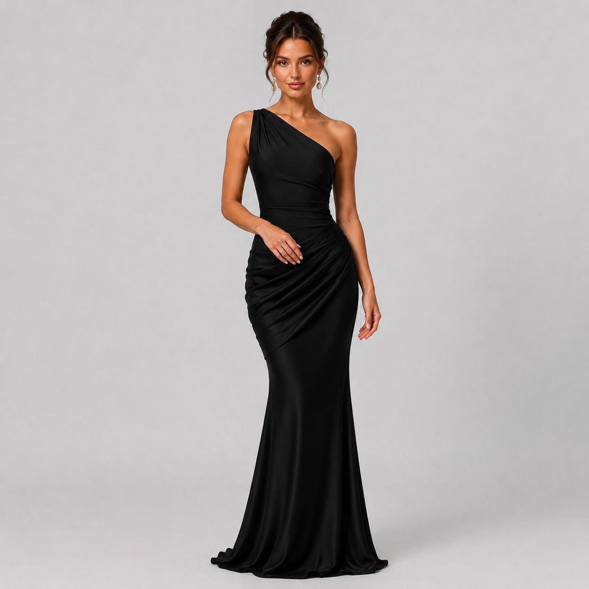 One-Shoulder Draped Waist Satin Maxi Dress for Women - Black