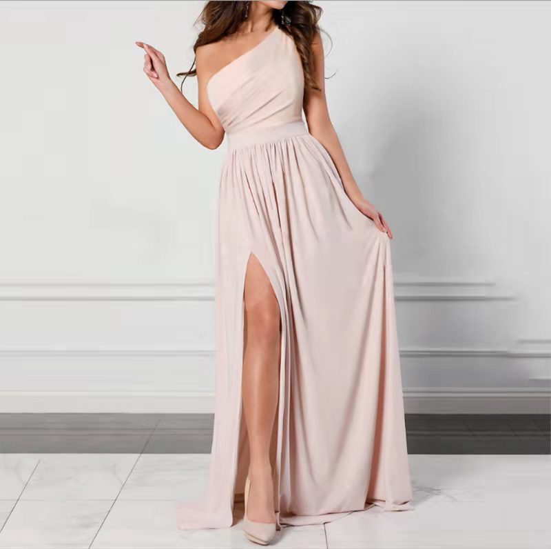One-Shoulder Maxi Wedding Guest Dress with High Slit for Women