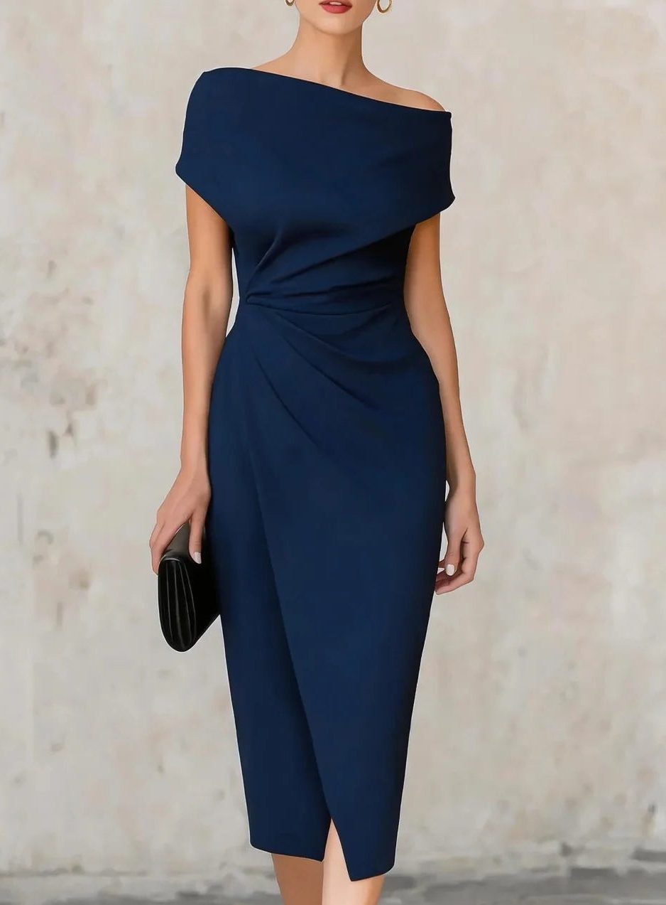 One Shoulder Ruched Midi Dress for Women - Navy Blue