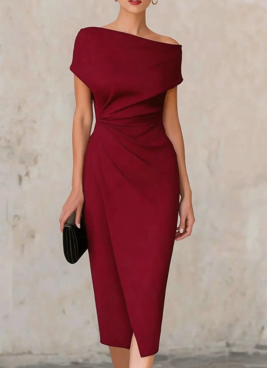 One Shoulder Ruched Midi Dress for Women - Red