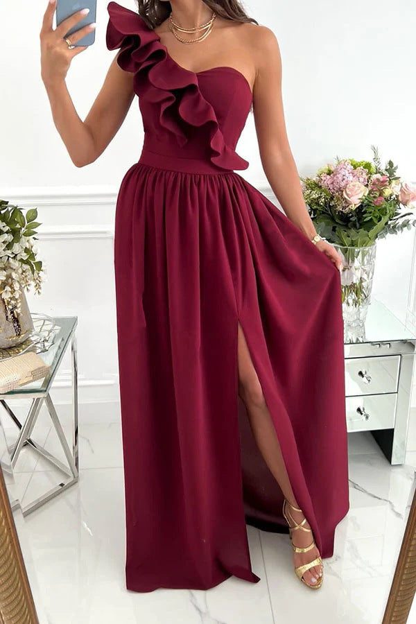One-Shoulder Ruffle Maxi Dress for Women - Weinrot
