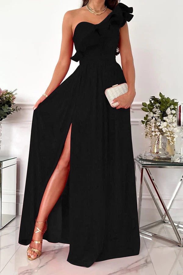 One-Shoulder Ruffle Maxi Dress for Women - Schwarz