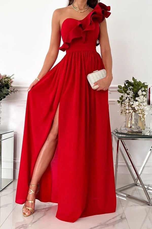 One-Shoulder Ruffle Maxi Dress for Women - Rot