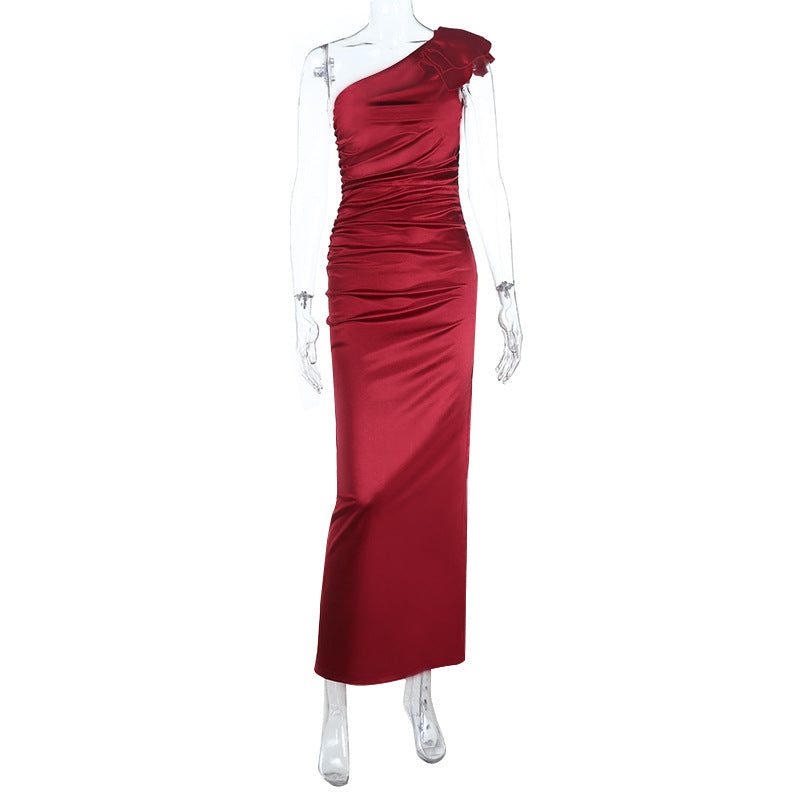 One-Shoulder Ruffle Maxi Wedding Guest Dress for Women - Burgundy