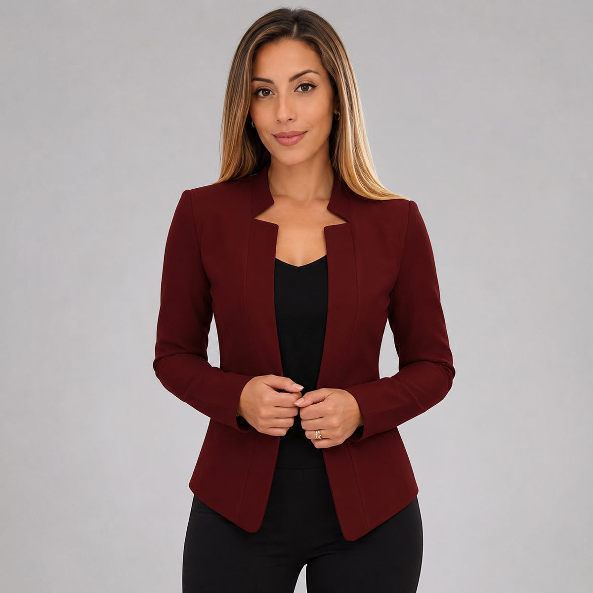 Open Front Longline Blazer for Women - Burgundy