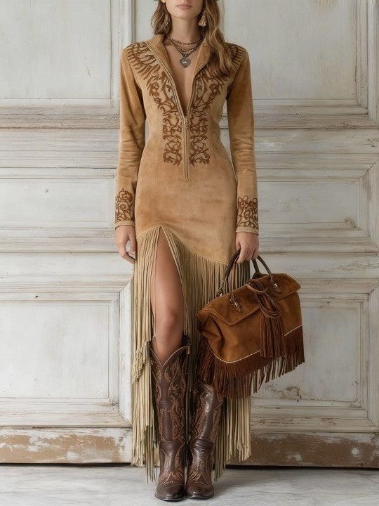 Ornate Embroidered Long Sleeve Maxi Dress with Fringe Hem for Women - Light Brown