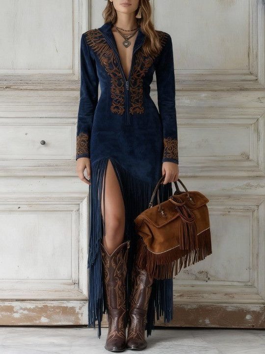 Ornate Embroidered Long Sleeve Maxi Dress with Fringe Hem for Women - Navy