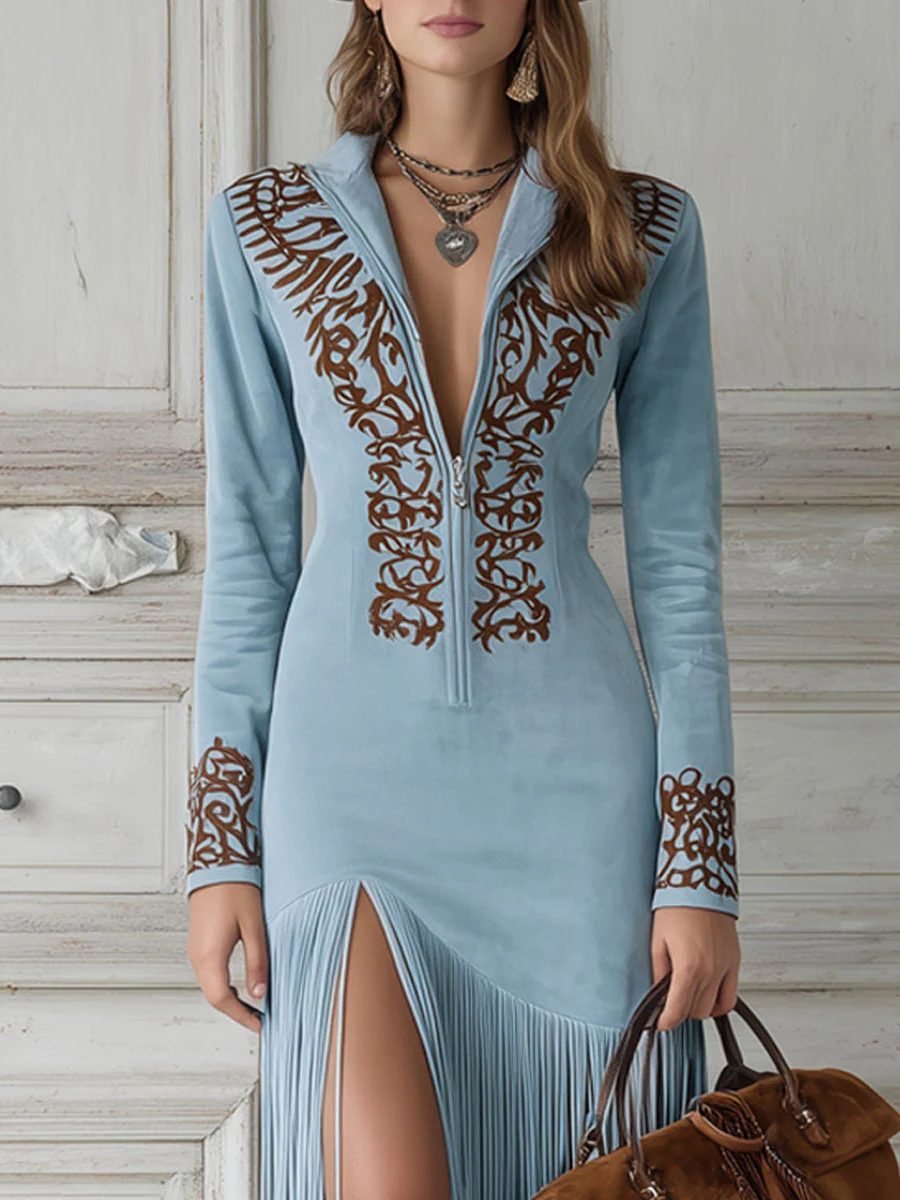 Ornate Embroidered Long Sleeve Maxi Dress with Fringe Hem for Women - View 2