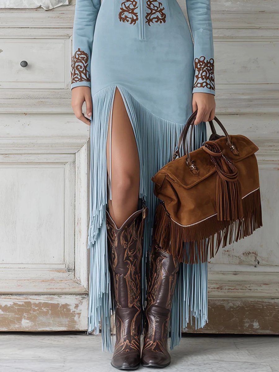 Ornate Embroidered Long Sleeve Maxi Dress with Fringe Hem for Women - View 3