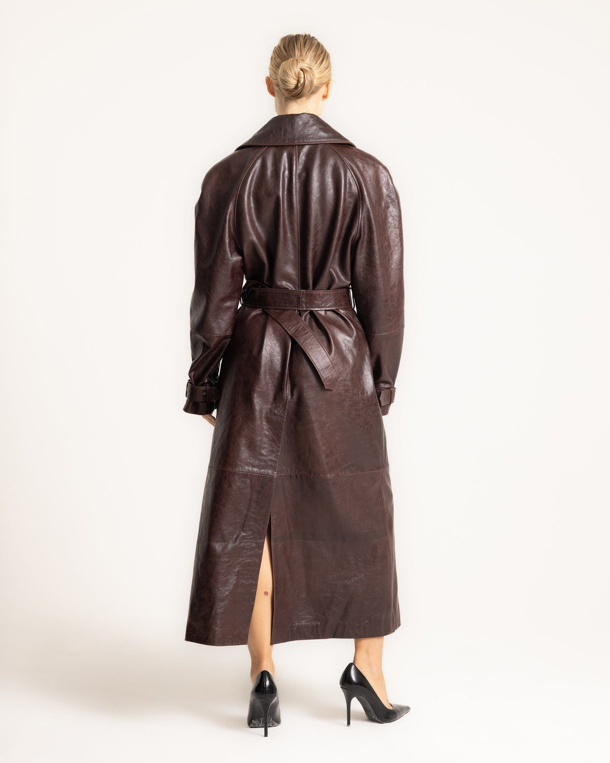 Oversized Belted Leather Trench Coat for Women - View 4