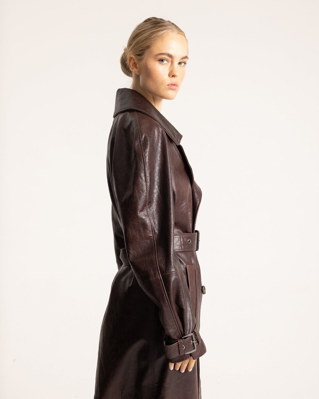 Oversized Belted Leather Trench Coat for Women - View 3