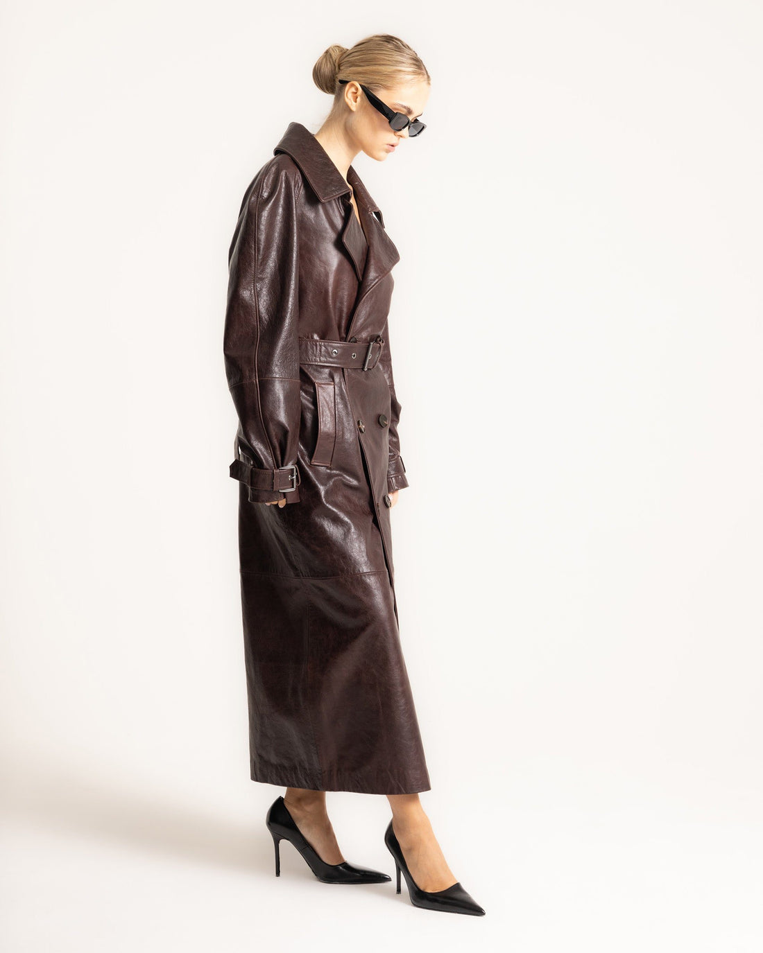 Oversized Belted Leather Trench Coat for Women - View 3