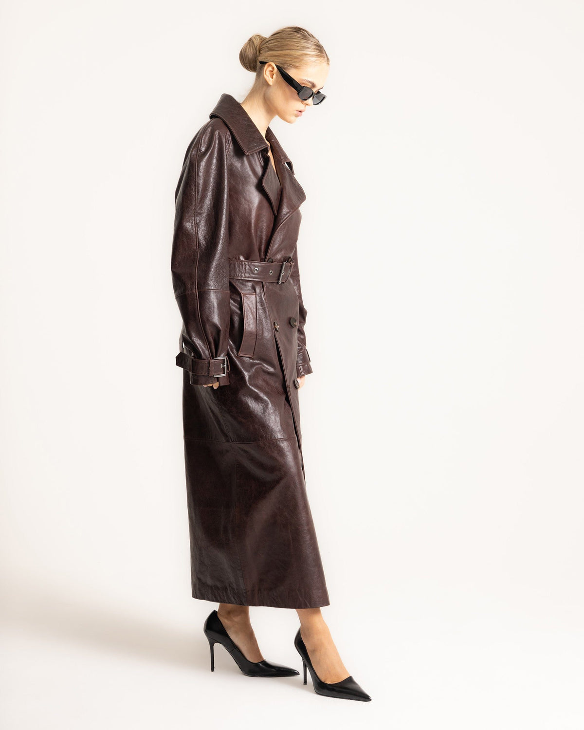 Oversized Belted Leather Trench Coat for Women - View 3