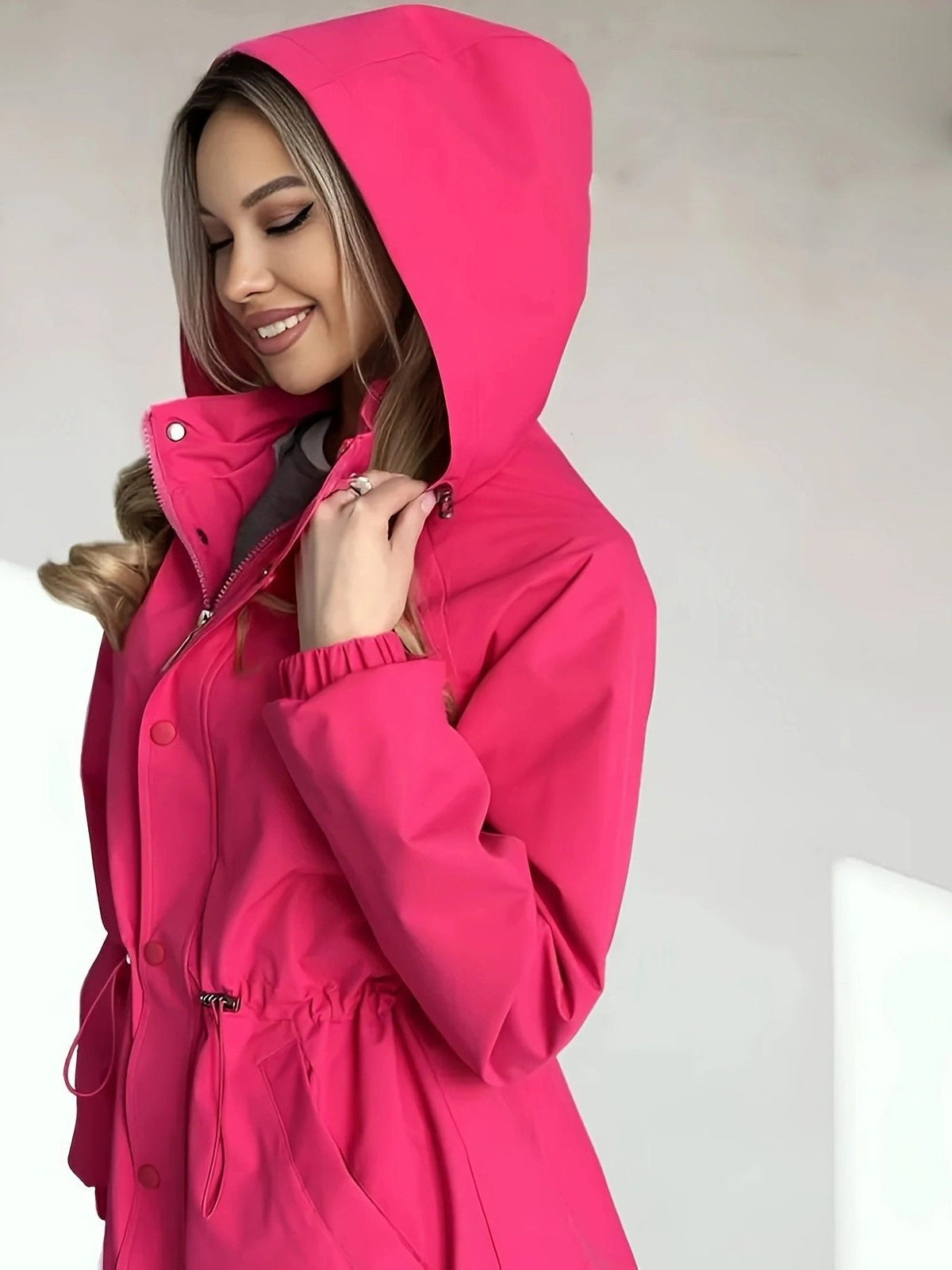 Oversized Button-Down Raincoat for Women - Magenta
