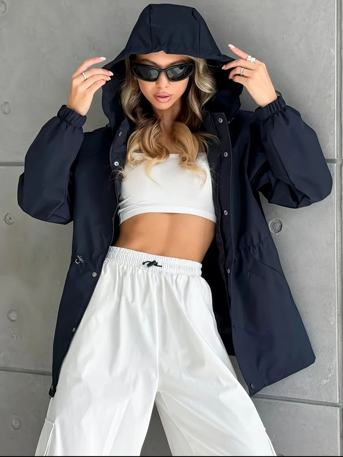 Oversized Button-Down Raincoat for Women - Dunkelblau