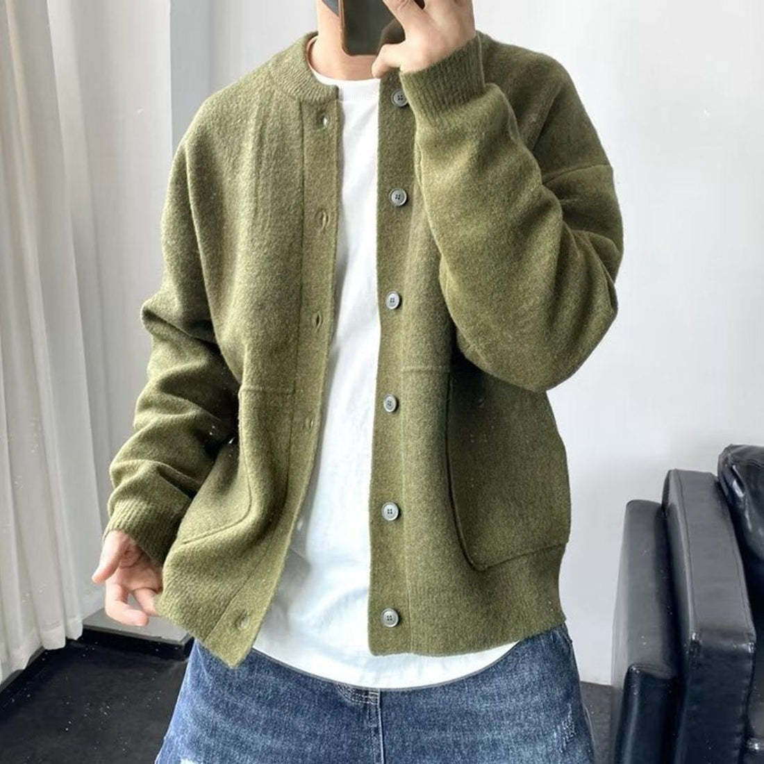 Oversized Button-Up Knit Cardigan for Men