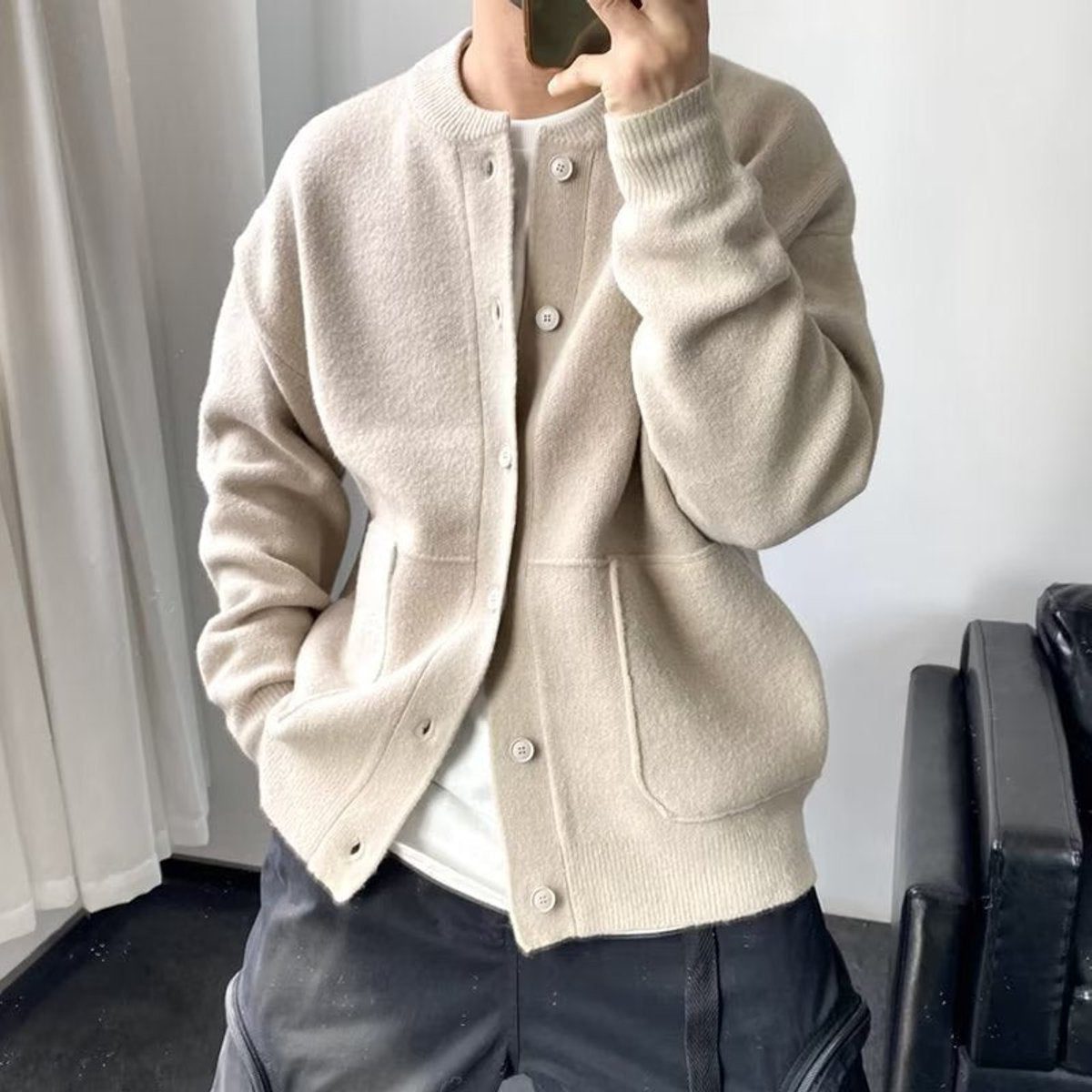Oversized Button-Up Knit Cardigan for Men - Beige