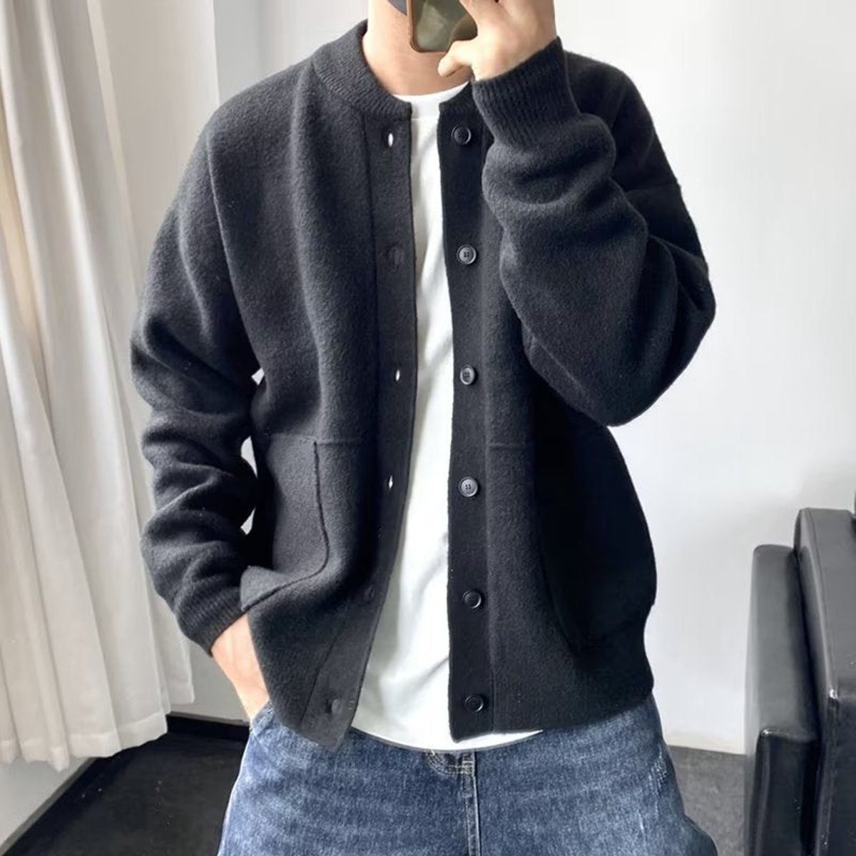 Oversized Button-Up Knit Cardigan for Men - Black