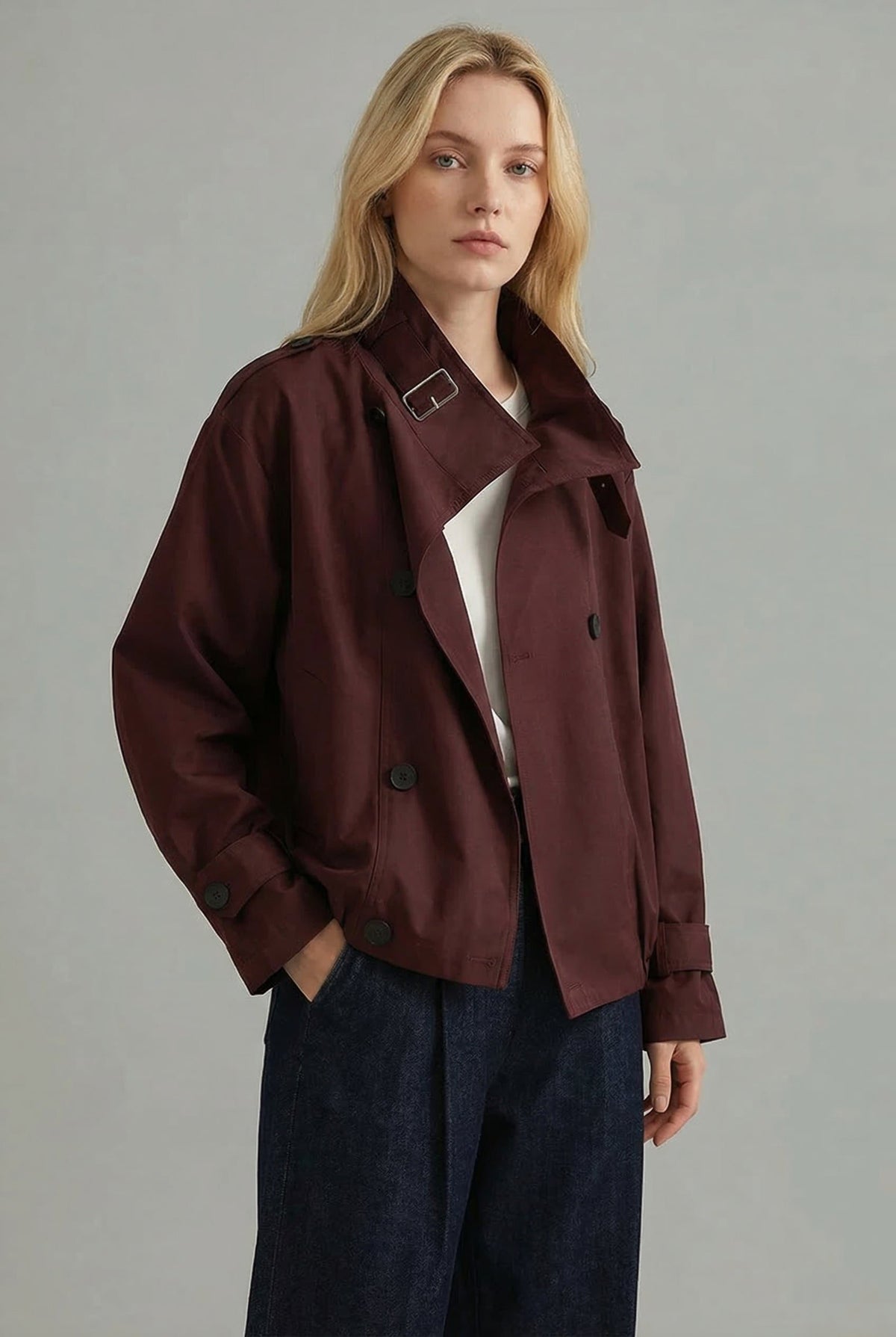 Oversized Cropped Trench Coat for Women - Crimson