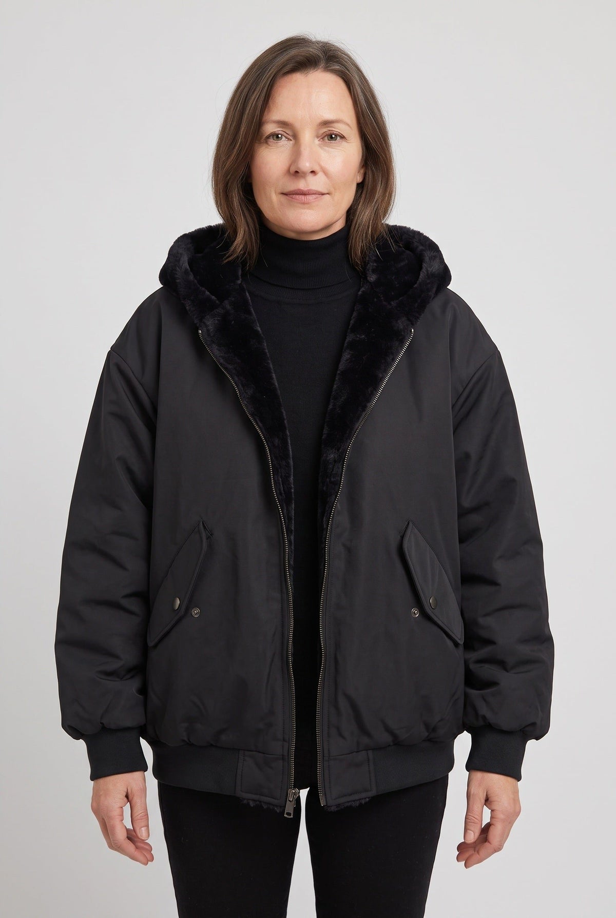 Oversized Hooded Puffer Jacket with Faux Fur Trim for Women