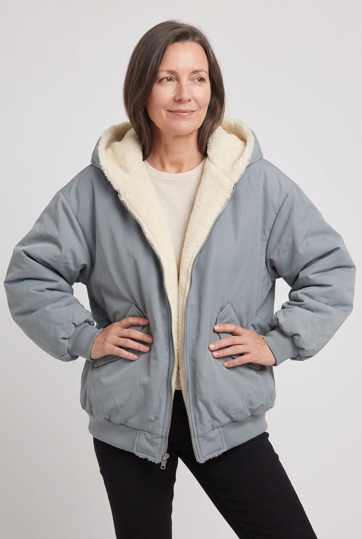 Oversized Hooded Puffer Jacket with Faux Fur Trim for Women - Blue