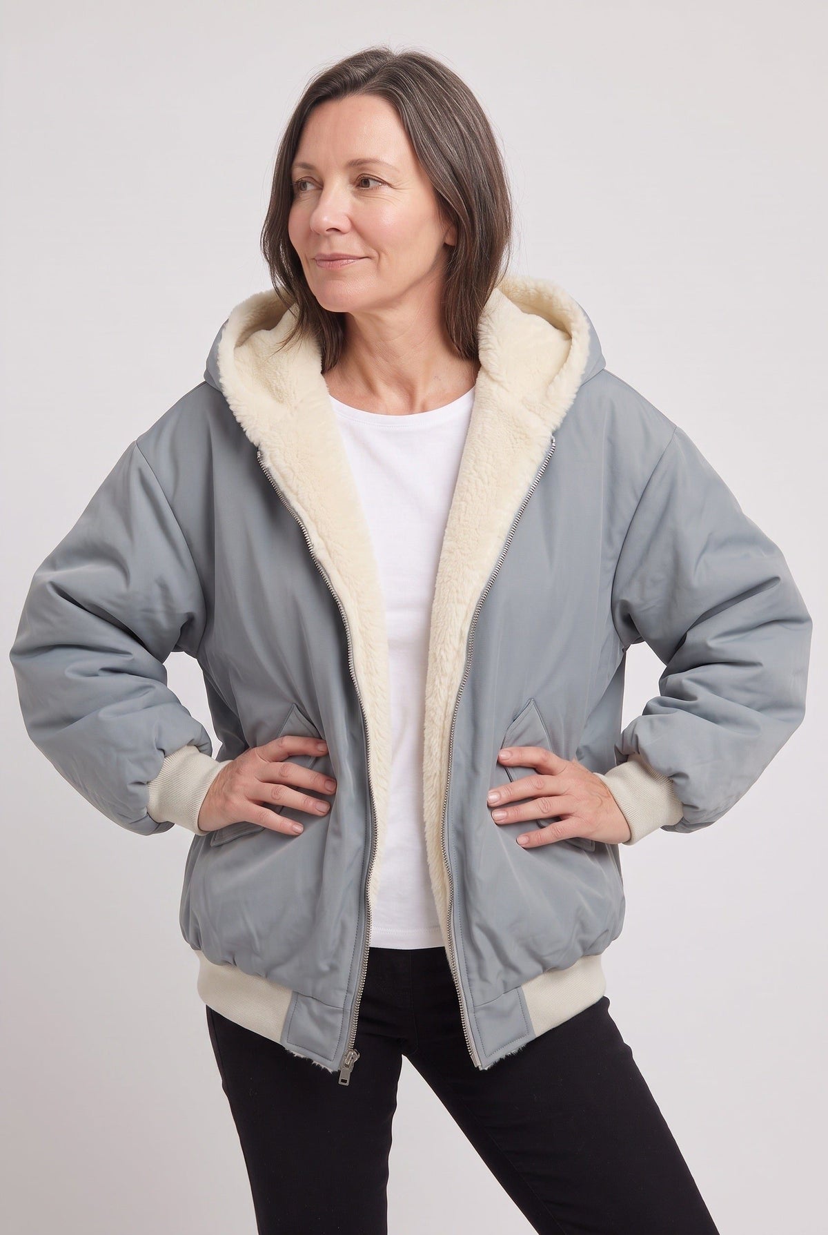 Oversized Hooded Puffer Jacket with Faux Fur Trim for Women - View 7