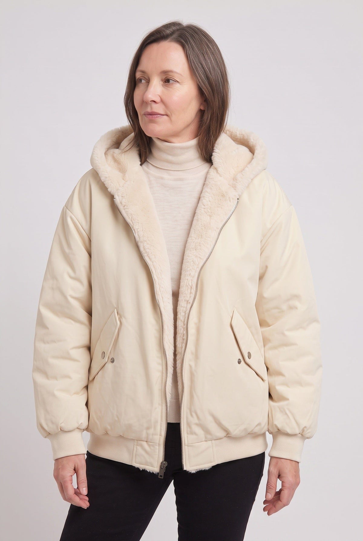 Oversized Hooded Puffer Jacket with Faux Fur Trim for Women - View 8