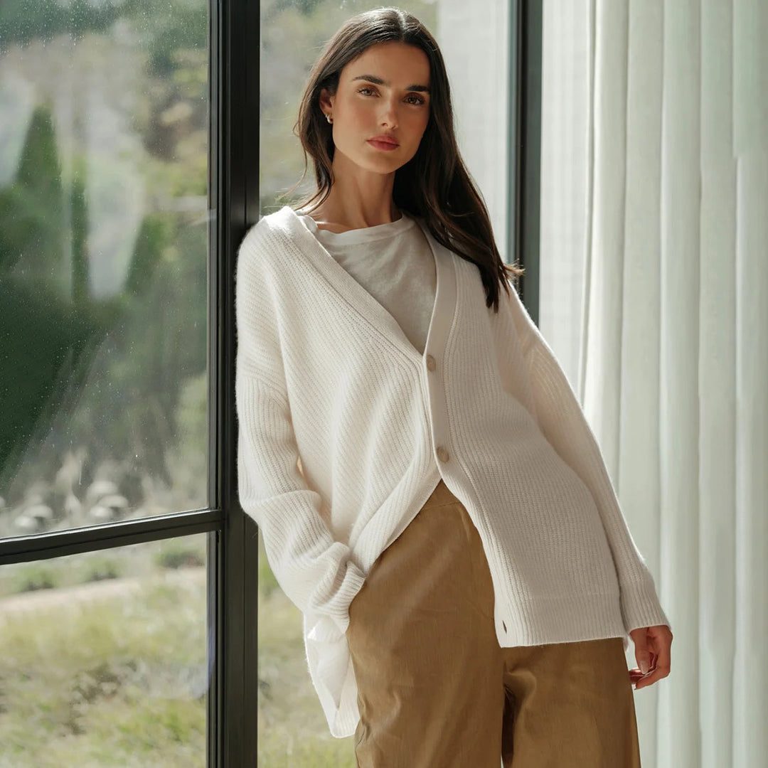Oversized Ribbed Knit Cardigan for Women - White