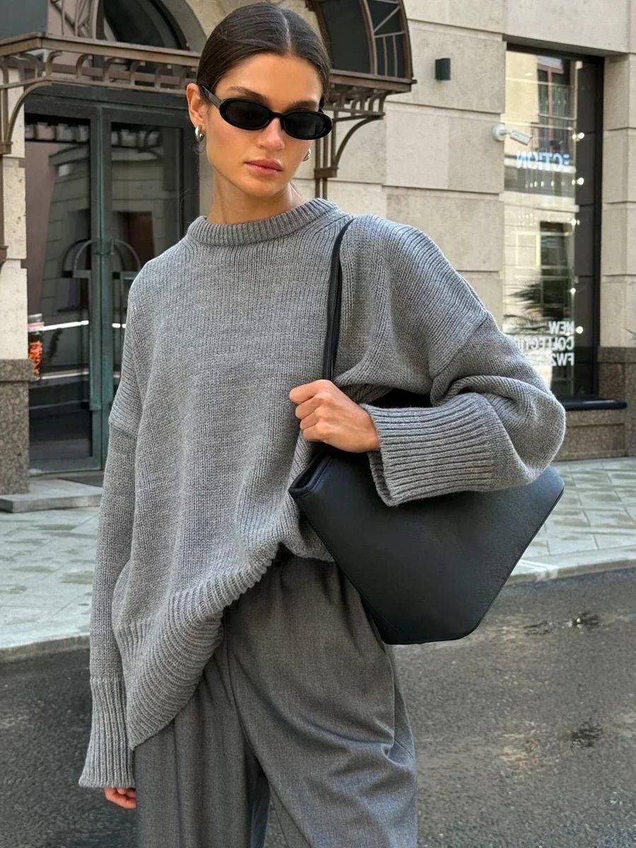 Oversized Ribbed Knit Crew Neck Jumper for Women
