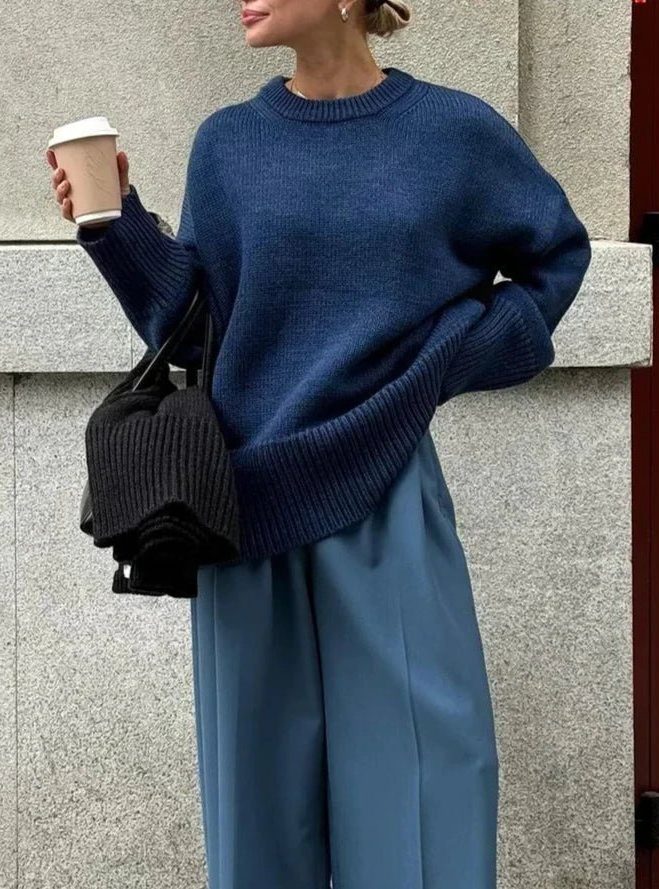 Oversized Ribbed Knit Crew Neck Jumper for Women - Blauw (2)