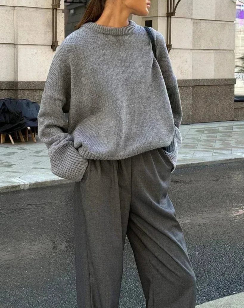 Oversized Ribbed Knit Crew Neck Jumper for Women