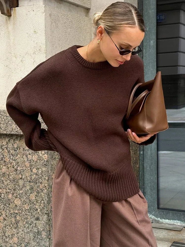Oversized Ribbed Knit Crew Neck Jumper for Women - Bruin