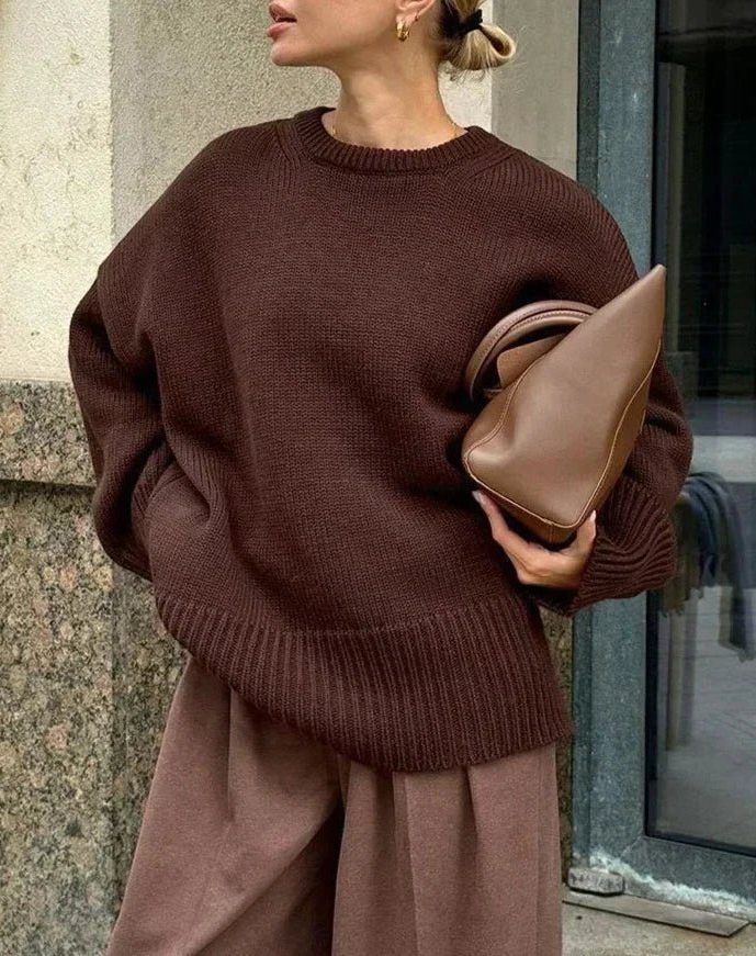 Oversized Ribbed Knit Crew Neck Jumper for Women - Bruin (2)
