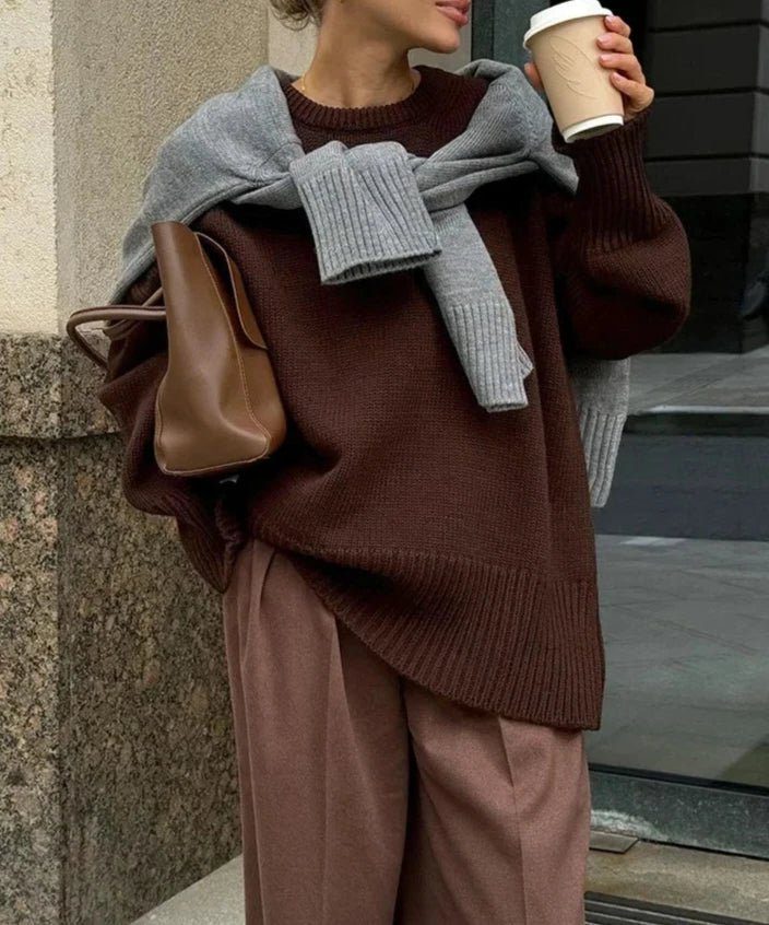 Oversized Ribbed Knit Crew Neck Jumper for Women - Bruin (3)