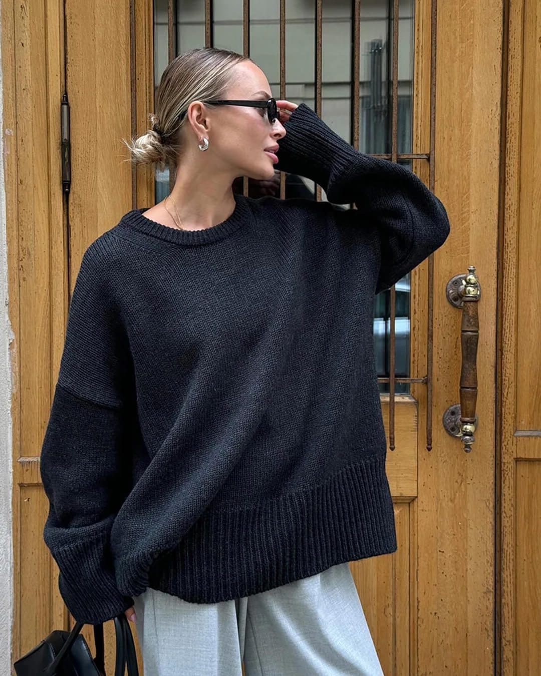 Oversized Ribbed Knit Crew Neck Jumper for Women - Zwart