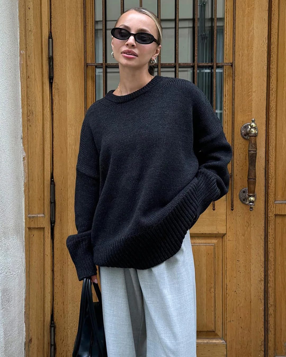 Oversized Ribbed Knit Crew Neck Jumper for Women - Zwart (2)