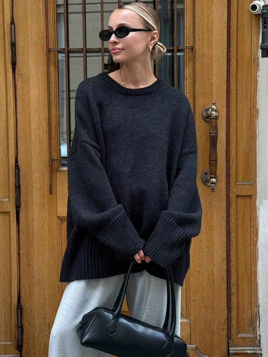 Oversized Ribbed Knit Crew Neck Jumper for Women - Zwart (3)