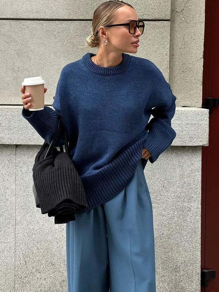 Oversized Ribbed Knit Crew Neck Jumper for Women - Blauw
