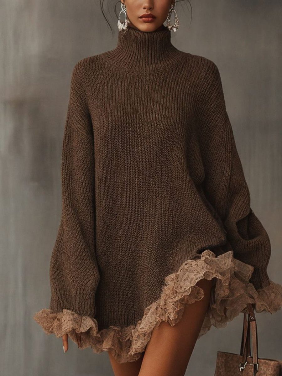Oversized Ribbed Knit Roll Neck Formal Mini Dress for Women