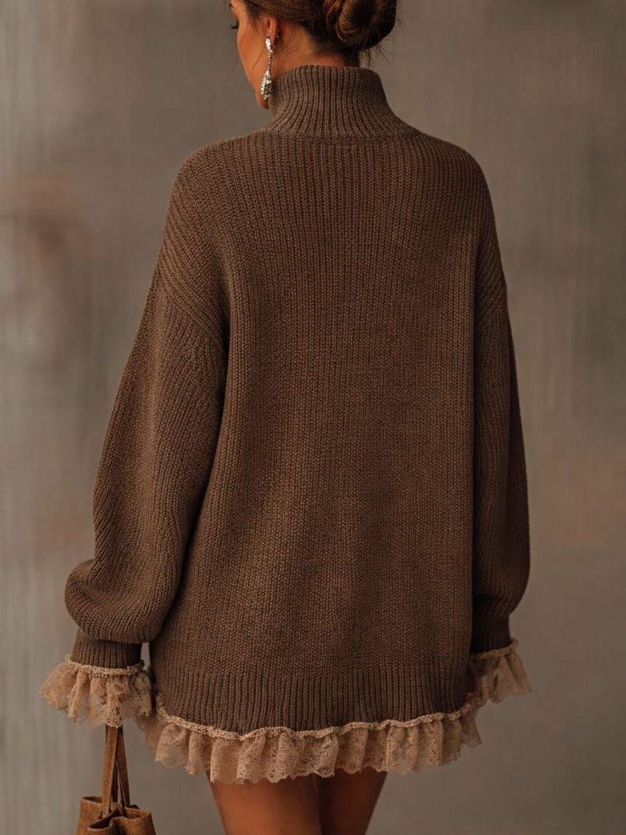 Oversized Ribbed Knit Roll Neck Formal Mini Dress for Women - View 3