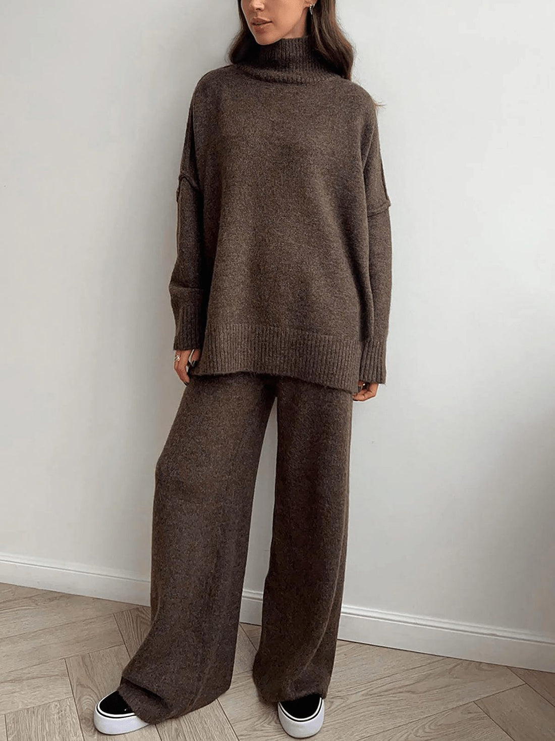 Oversized Roll Neck Knit Set with Wide Leg Trousers for Women